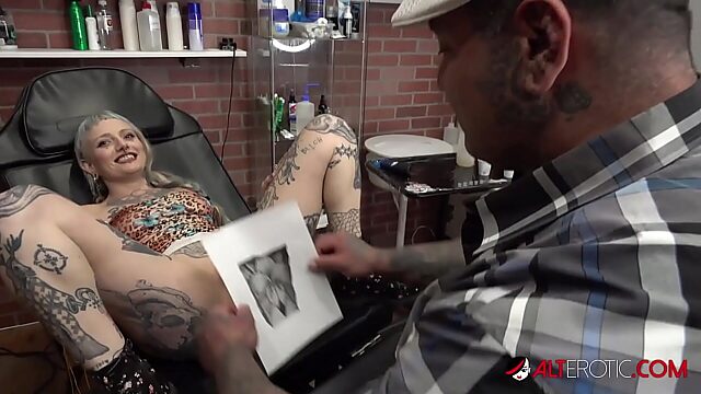 Petite inked slut sucks cock with new pussy tattoo