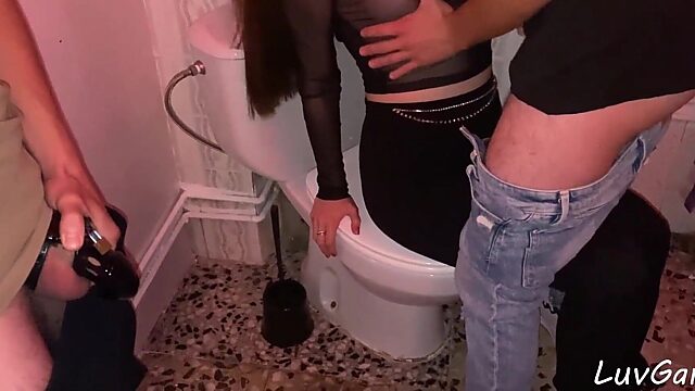 Public Toilet Cumshot on Hotwife's Flashing Tits by Stranger