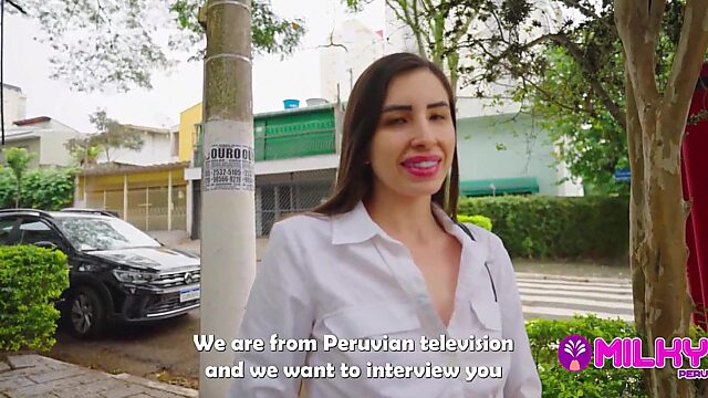 Horny Brazilian model gets caught by fake reporter on the street