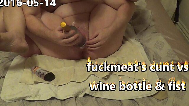BBW Slut Takes Wine Bottle & Fisting While Tied Up