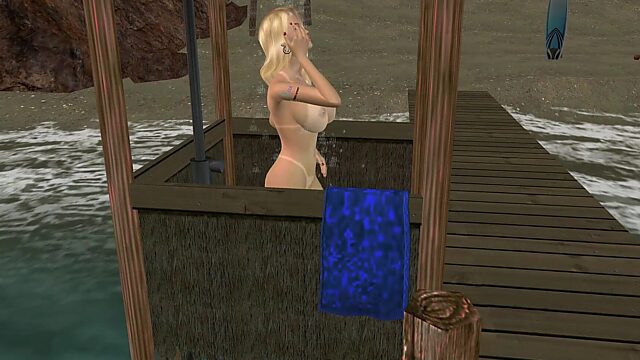 Naked Slut Plays with Her Drenched Cunt in Beach Shower