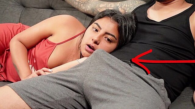 Busted! Stepbro Strokes While Watching Movies. Stepmom Walked in on us