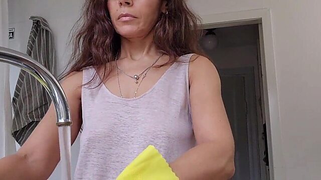 Slutty wife bent over kitchen counter gets railed hard while doing fucking dishes