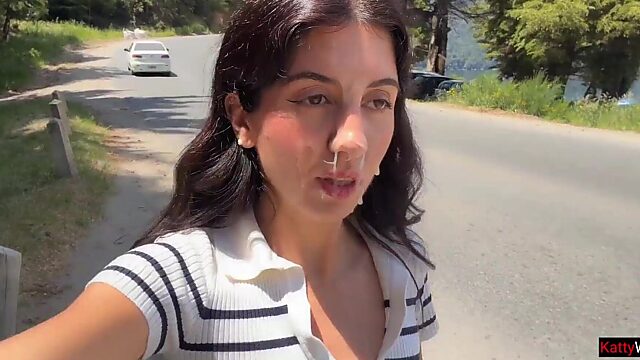 Guy fucks slut in bushes and busts nut on her face during public cum walk