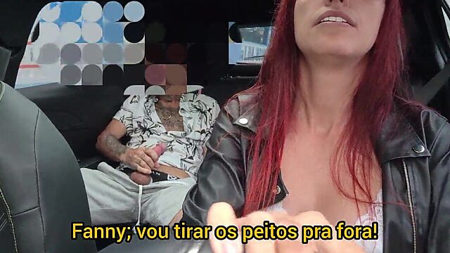 Slutty rideshare chick fucks around with her tits out while picking up horny passengers