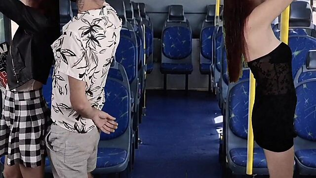 Hot stranger creeps up behind tight college sluts on the bus and surprises them with his hard cock!