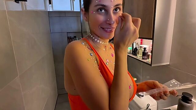 Sloppy glitter mess ends with her bestie face-fucking her raw until she gags on cum
