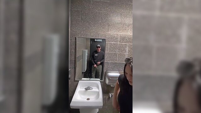 Slutty Bitch Sucks Cock in Public Toilet with Door Wide Open for Anyone to Watch