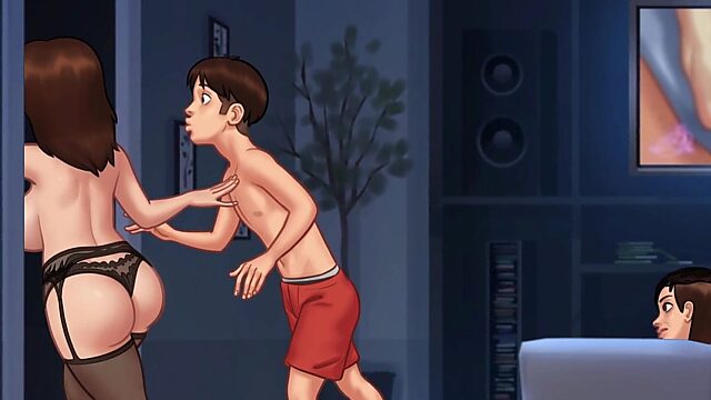 Chubby Step-MILF Gets Her Horny Stepson Naked and Fucks Him Hard in Her Bed - Summertime Saga Part 49