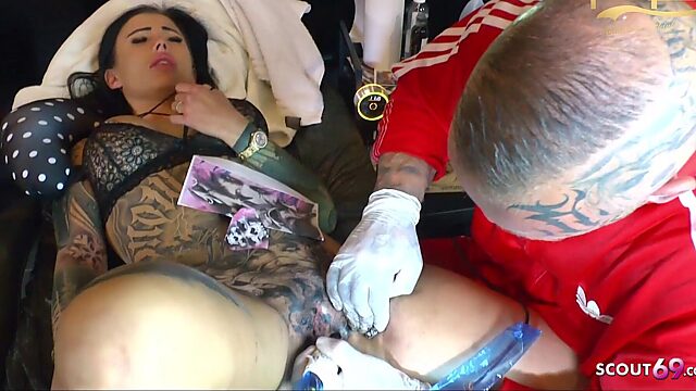 German Snowwhite Gets Painful Pussy Tattoo and Blows Dick