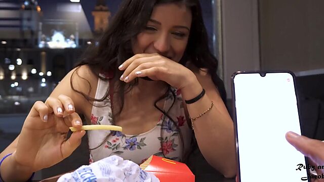 Fucking in Public: Hot Latina Ruby and Jacob Enjoy McDonald's Ice Cream with Warm Milk