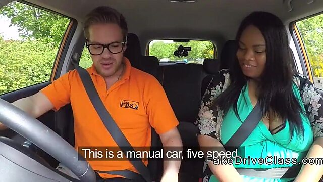 Chunky ebony coed bangs teacher in car