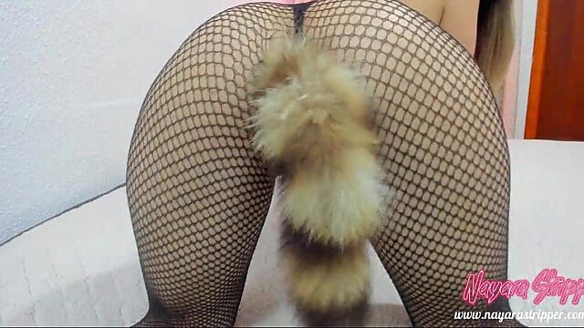 Blonde cums with fox tail plug and vibrator in lingerie solo